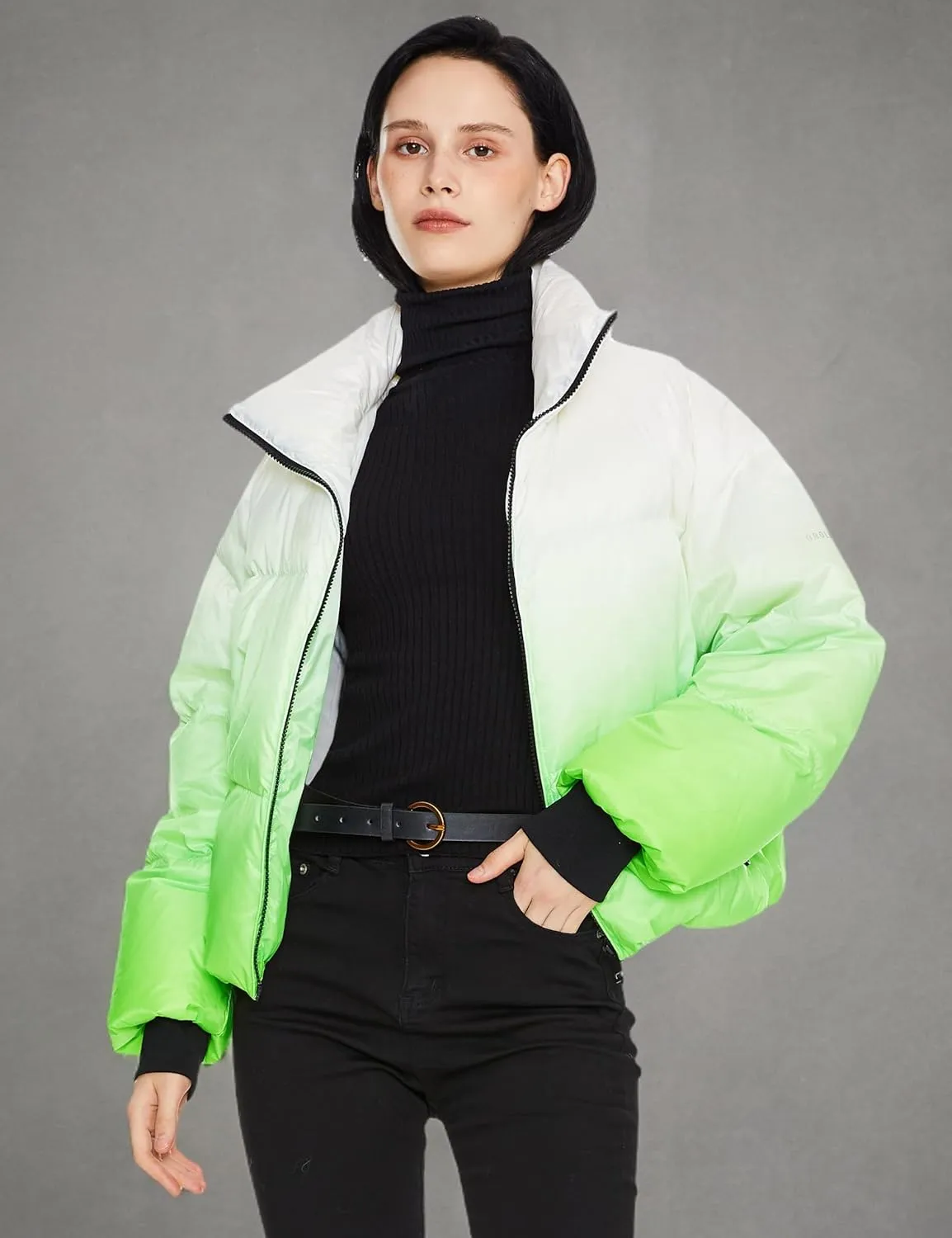 Orolay Women's Cropped Puffer Jacket - Stand Collar Gradient Effect Short Down Coat