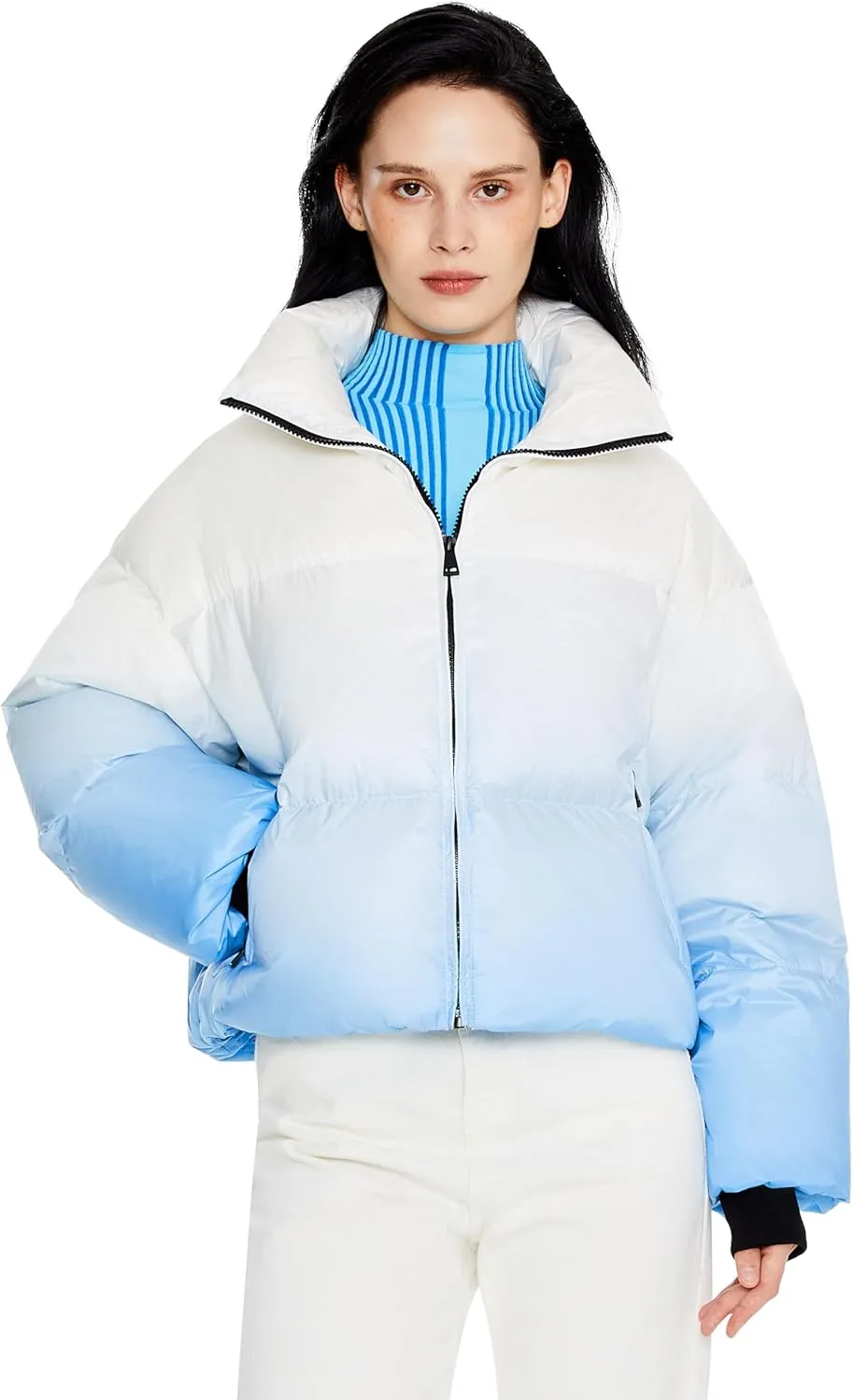Orolay Women's Cropped Puffer Jacket - Stand Collar Gradient Effect Short Down Coat