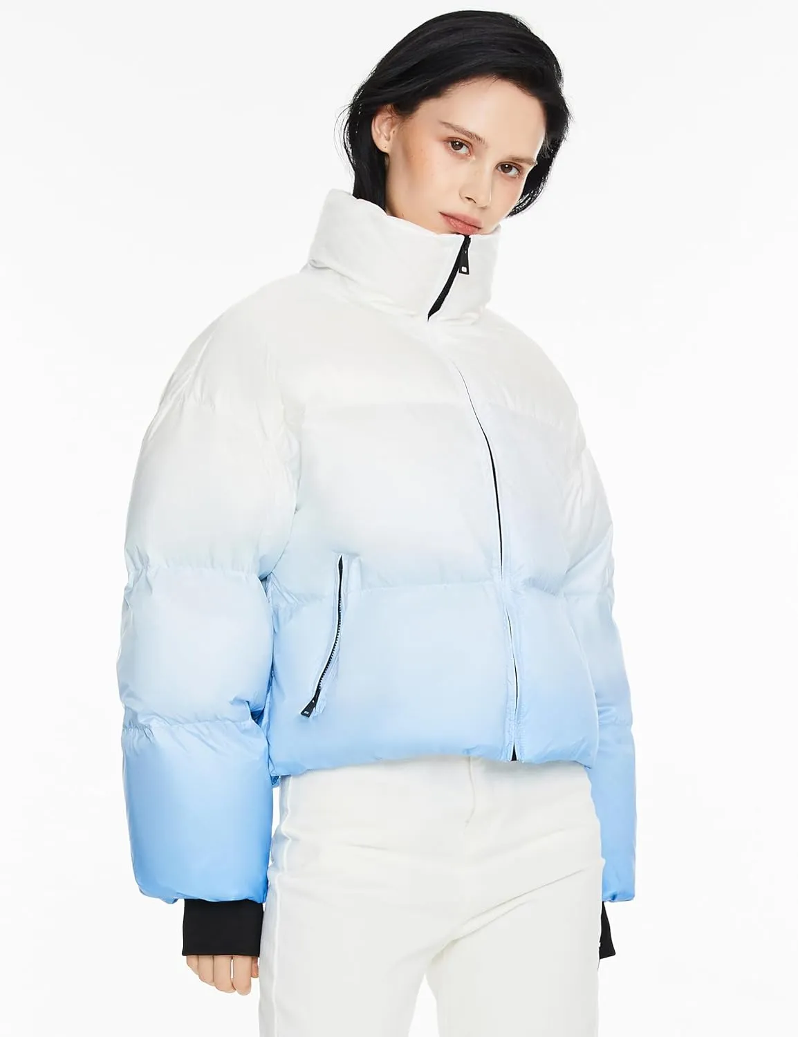 Orolay Women's Cropped Puffer Jacket - Stand Collar Gradient Effect Short Down Coat