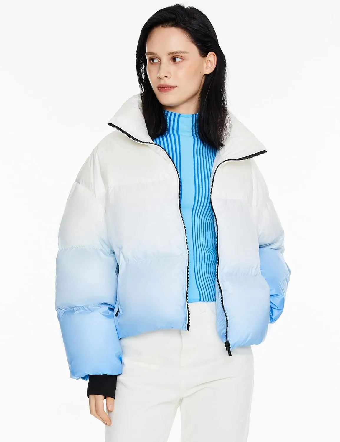 Orolay Women's Cropped Puffer Jacket - Stand Collar Gradient Effect Short Down Coat