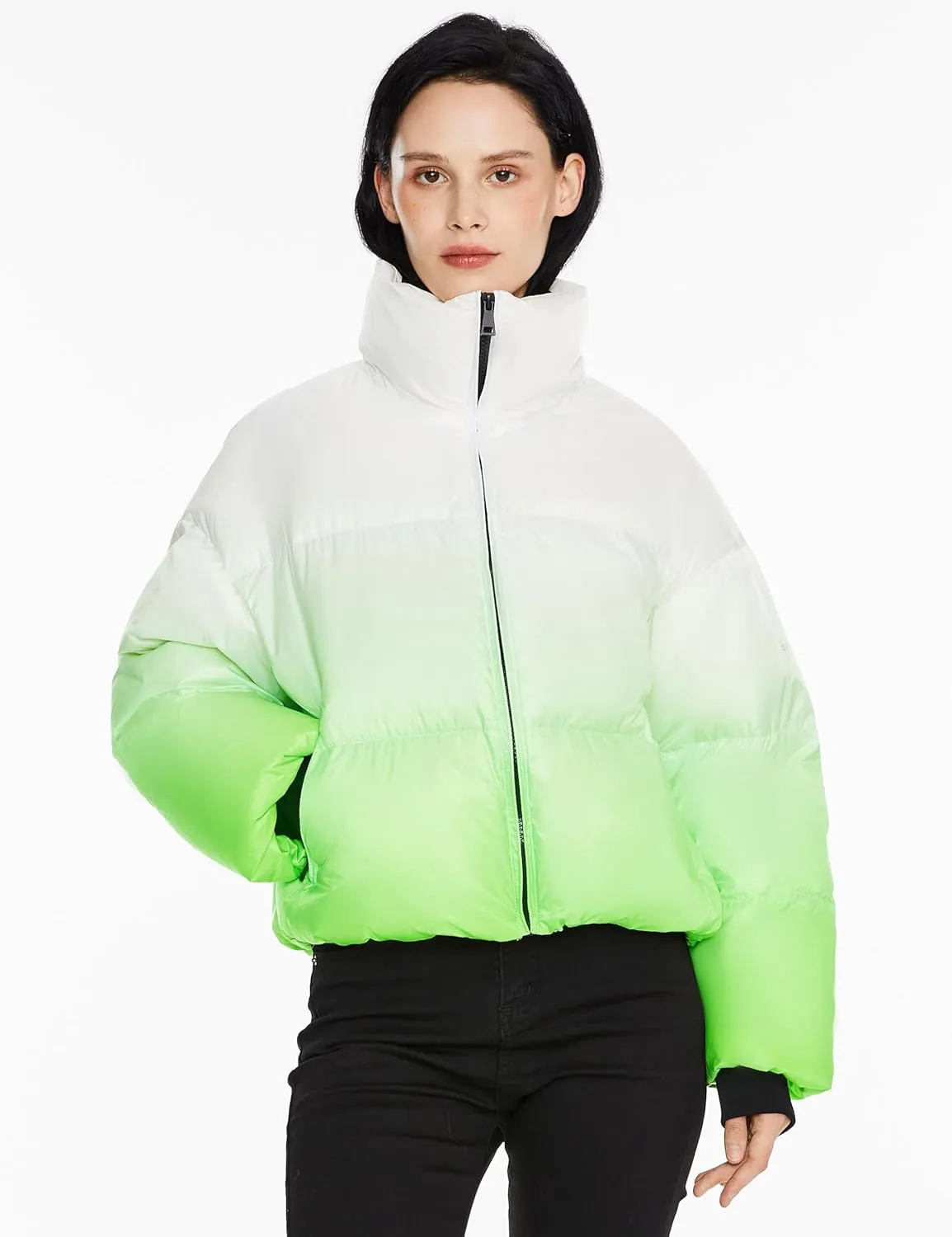 Orolay Women's Cropped Puffer Jacket - Stand Collar Gradient Effect Short Down Coat