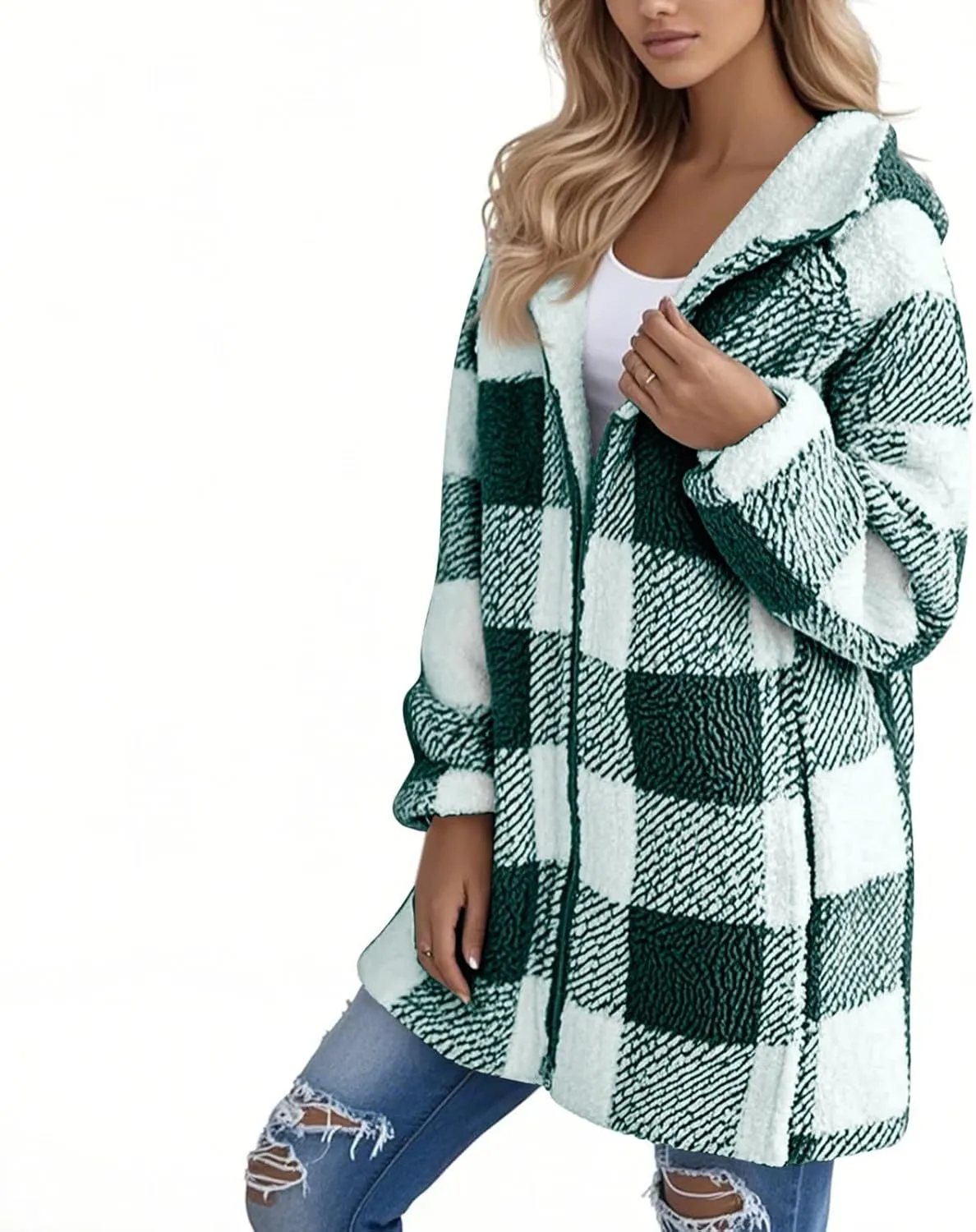 Oversized Sherpa Jacket Women Plus Size Plaid Fleece Full Zip Winter Coat Comfy Fuzzy Cardigan Sweater Hooded Outwear