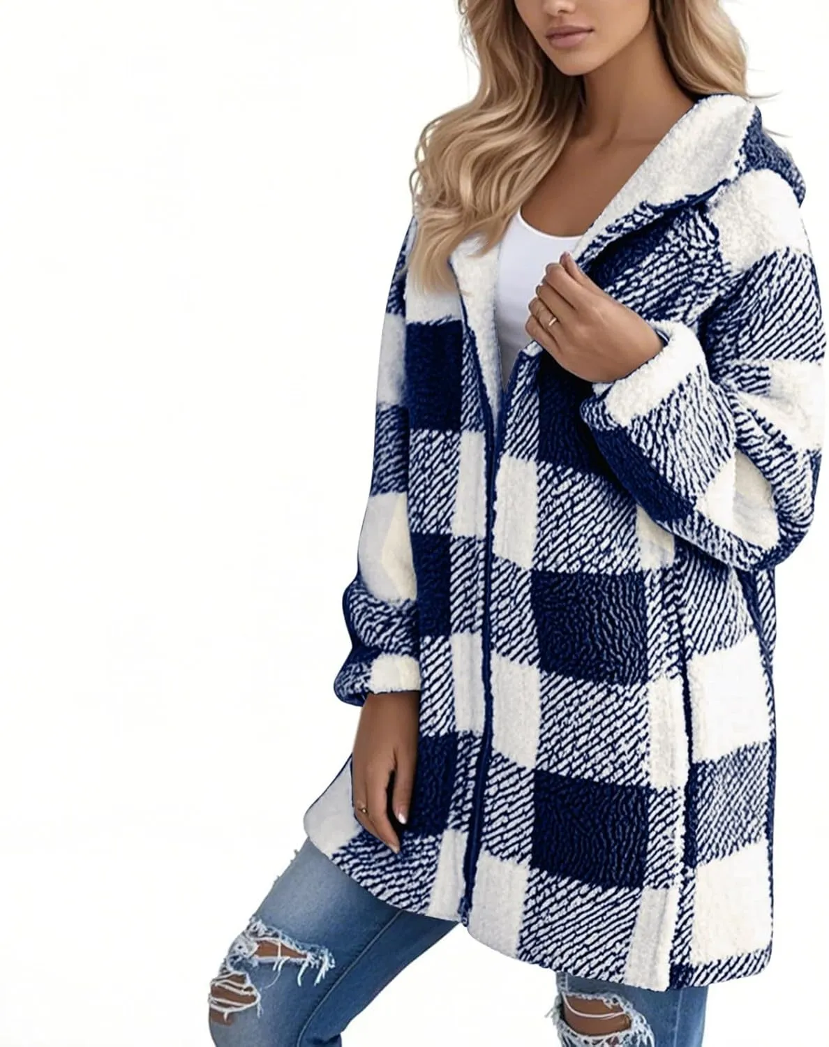 Oversized Sherpa Jacket Women Plus Size Plaid Fleece Full Zip Winter Coat Comfy Fuzzy Cardigan Sweater Hooded Outwear