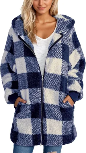 Oversized Sherpa Jacket Women Plus Size Plaid Fleece Full Zip Winter Coat Comfy Fuzzy Cardigan Sweater Hooded Outwear