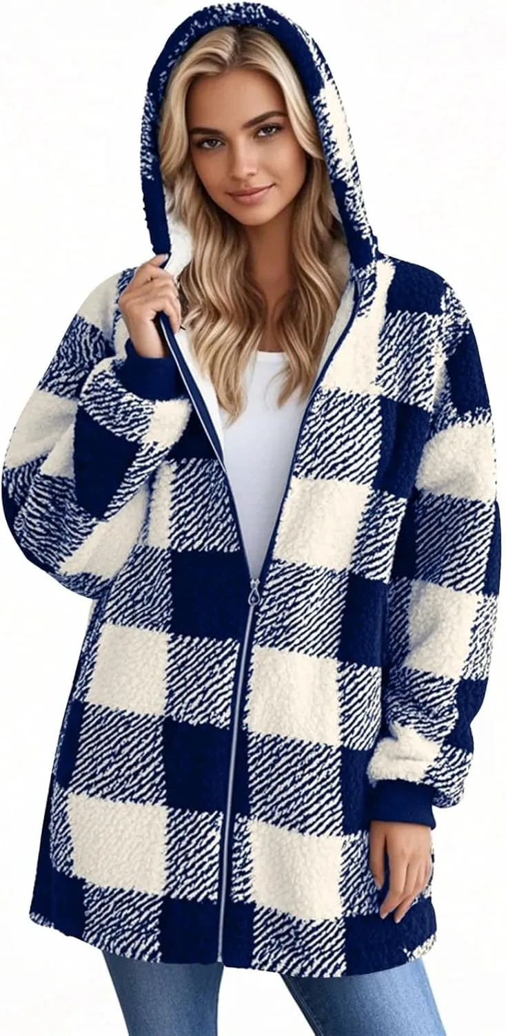 Oversized Sherpa Jacket Women Plus Size Plaid Fleece Full Zip Winter Coat Comfy Fuzzy Cardigan Sweater Hooded Outwear