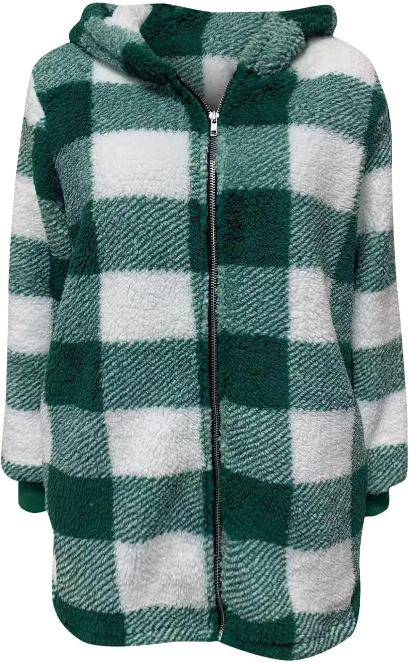 Oversized Sherpa Jacket Women Plus Size Plaid Fleece Full Zip Winter Coat Comfy Fuzzy Cardigan Sweater Hooded Outwear