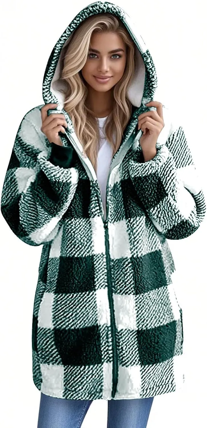 Oversized Sherpa Jacket Women Plus Size Plaid Fleece Full Zip Winter Coat Comfy Fuzzy Cardigan Sweater Hooded Outwear