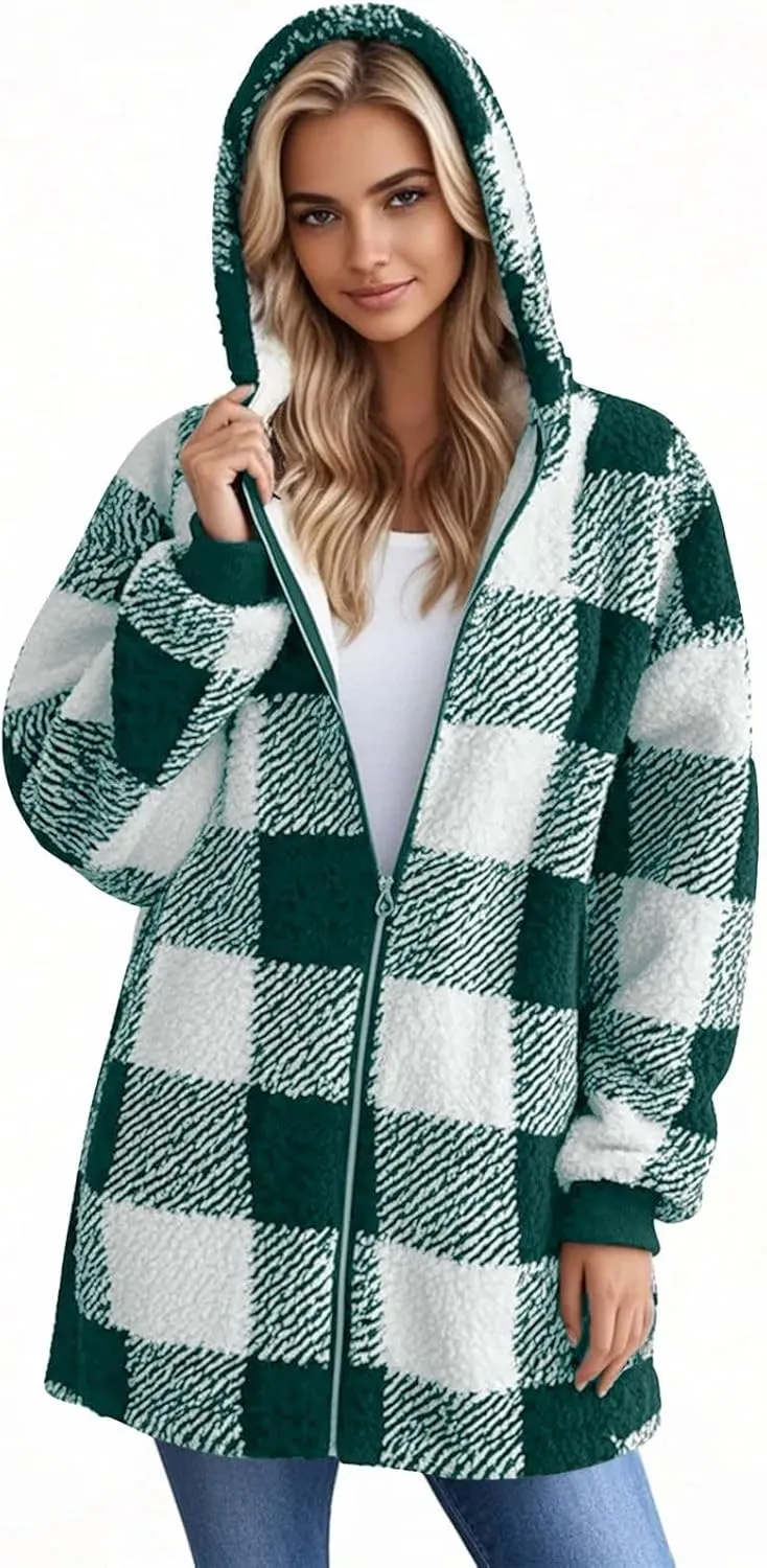 Oversized Sherpa Jacket Women Plus Size Plaid Fleece Full Zip Winter Coat Comfy Fuzzy Cardigan Sweater Hooded Outwear