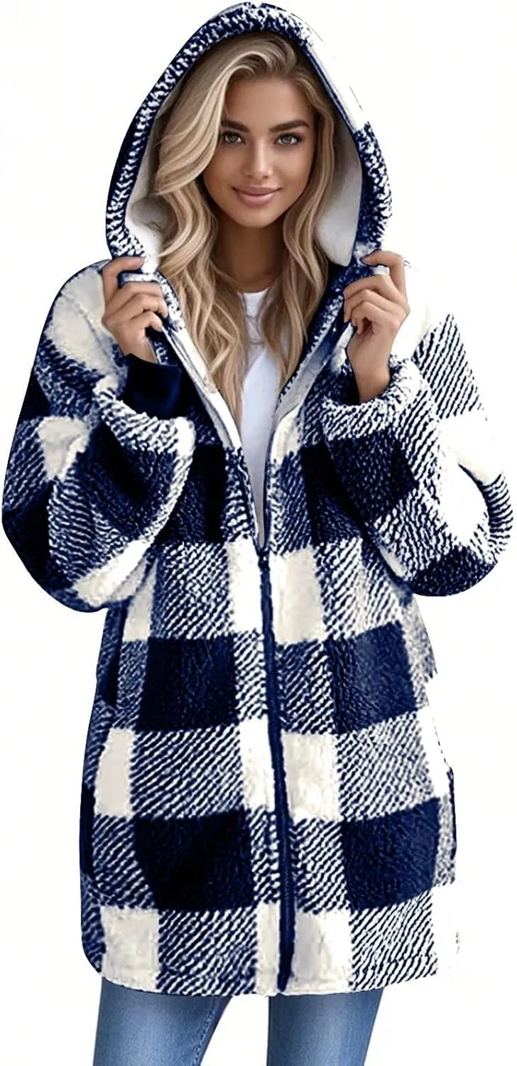Oversized Sherpa Jacket Women Plus Size Plaid Fleece Full Zip Winter Coat Comfy Fuzzy Cardigan Sweater Hooded Outwear