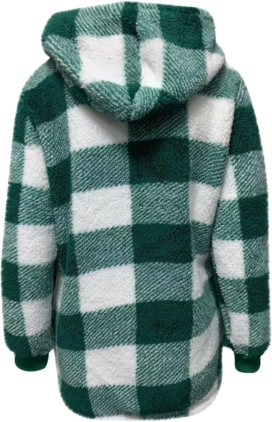 Oversized Sherpa Jacket Women Plus Size Plaid Fleece Full Zip Winter Coat Comfy Fuzzy Cardigan Sweater Hooded Outwear