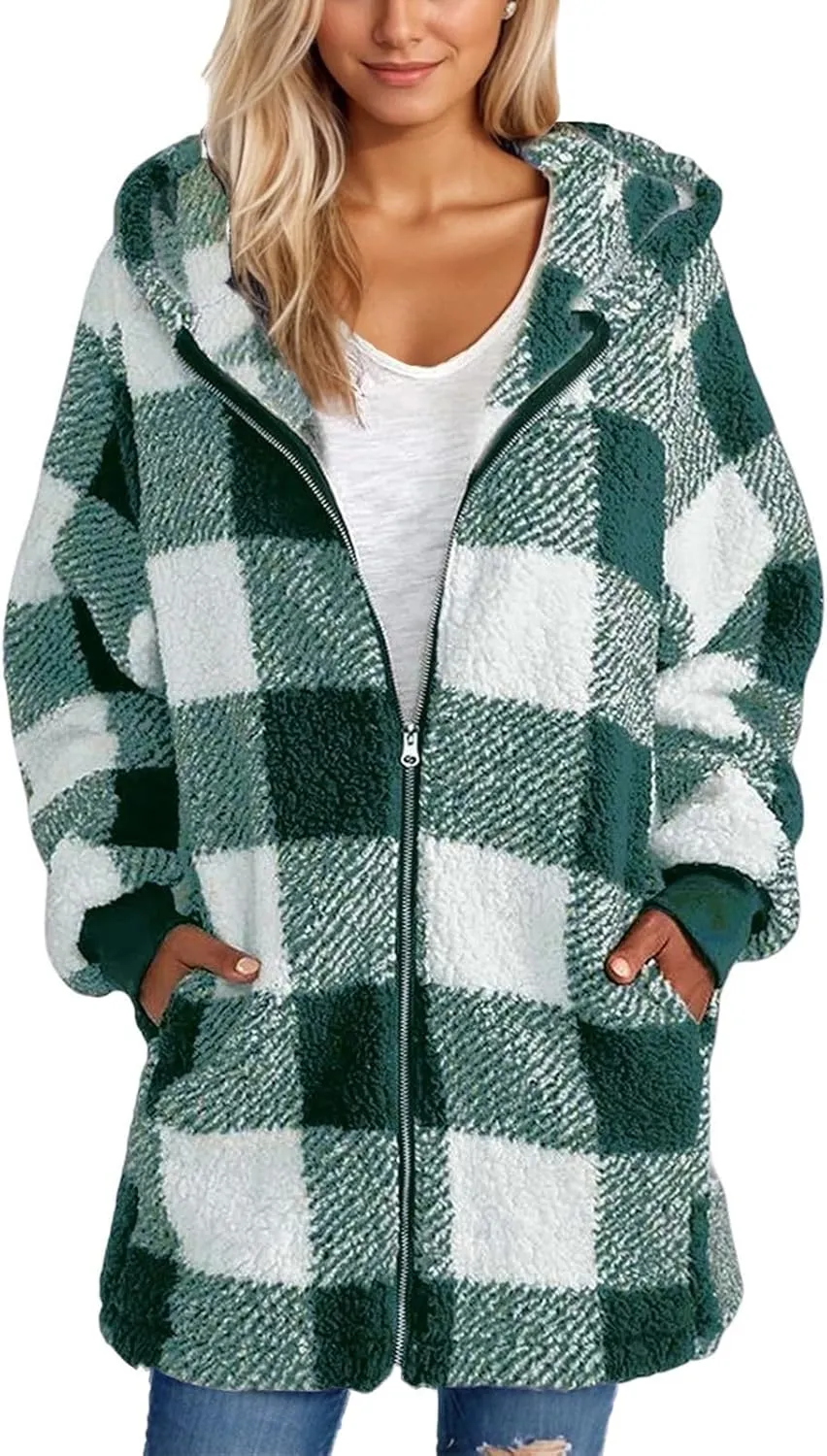 Oversized Sherpa Jacket Women Plus Size Plaid Fleece Full Zip Winter Coat Comfy Fuzzy Cardigan Sweater Hooded Outwear