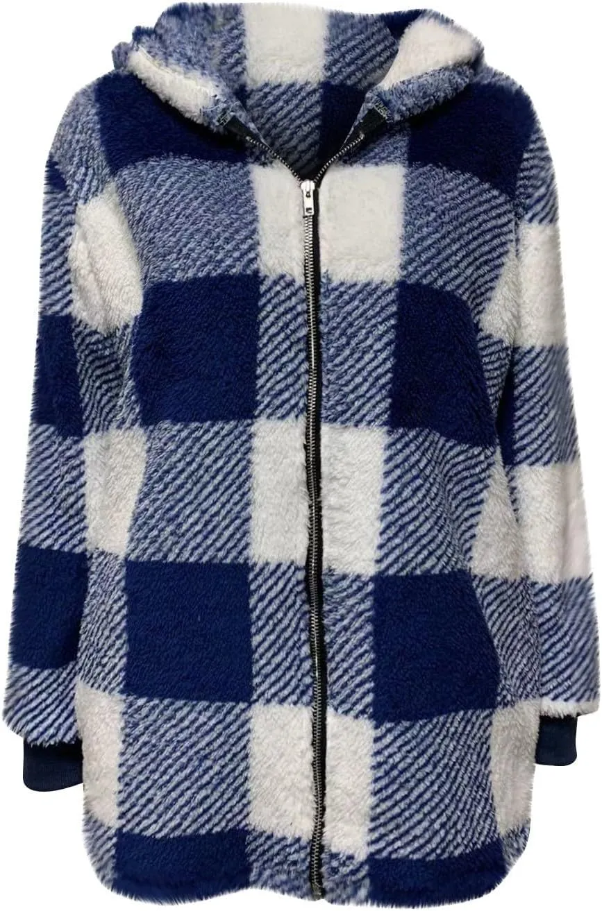 Oversized Sherpa Jacket Women Plus Size Plaid Fleece Full Zip Winter Coat Comfy Fuzzy Cardigan Sweater Hooded Outwear