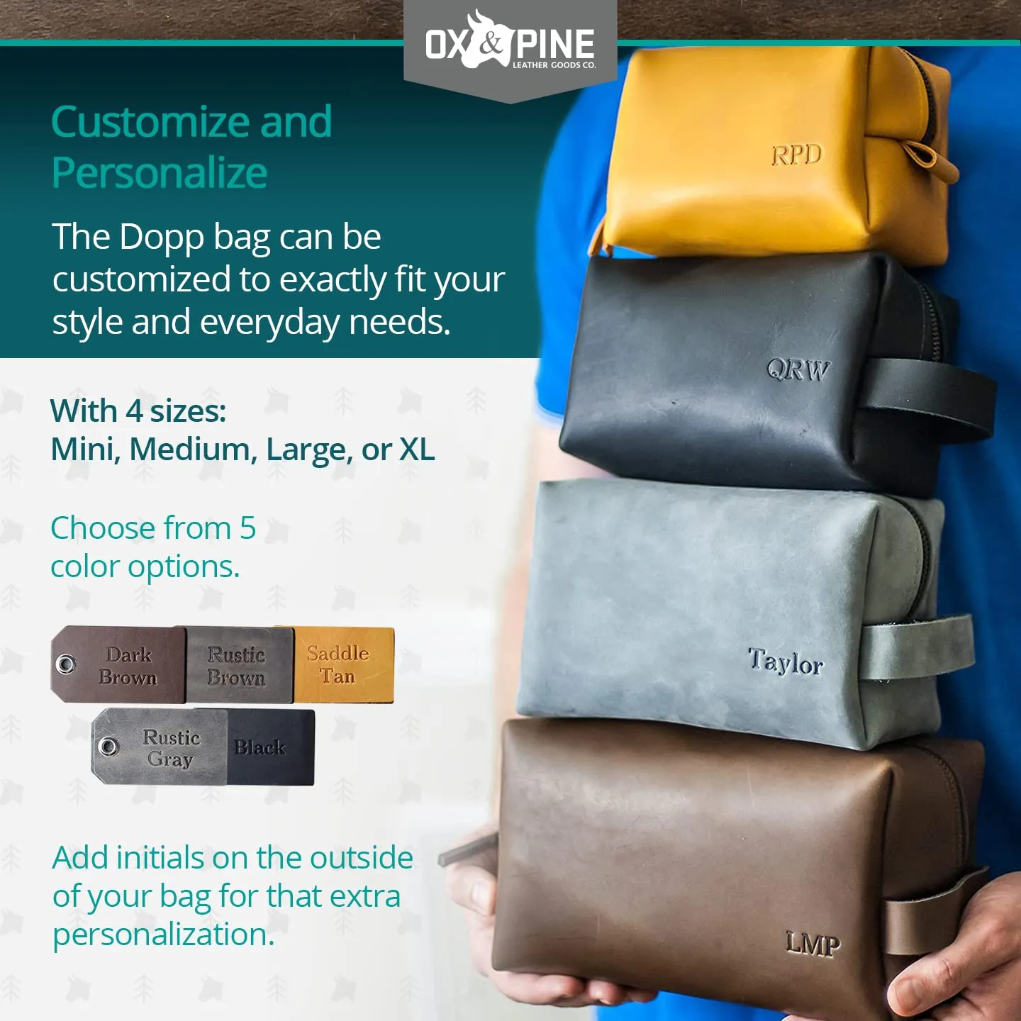 Ox & Pine Personalized Leather Dopp Kit Bag Toiletry (Rustic Brown, Dark Brown, Saddle Tan, Rustic Grey, or Black) (X-Large, Dark Brown)