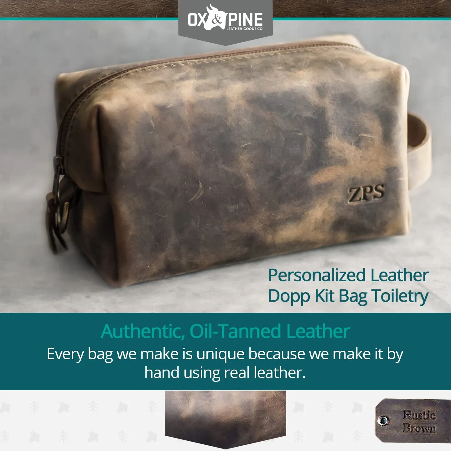 Ox & Pine Personalized Leather Dopp Kit Bag Toiletry (Rustic Brown, Dark Brown, Saddle Tan, Rustic Grey, or Black) (X-Large, Dark Brown)