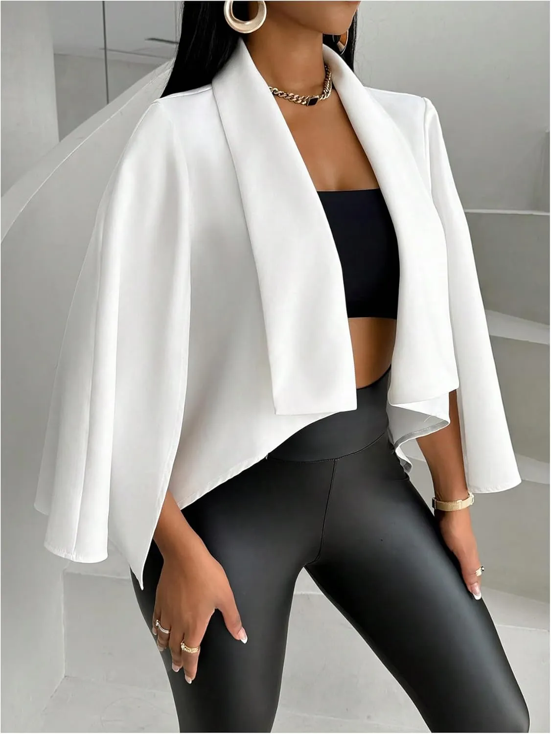 OYOANGLE Women's Cape Long Sleeve Cropped Blazer Jacket Open Front Solid Elegant Trendy Cardigan Coats
