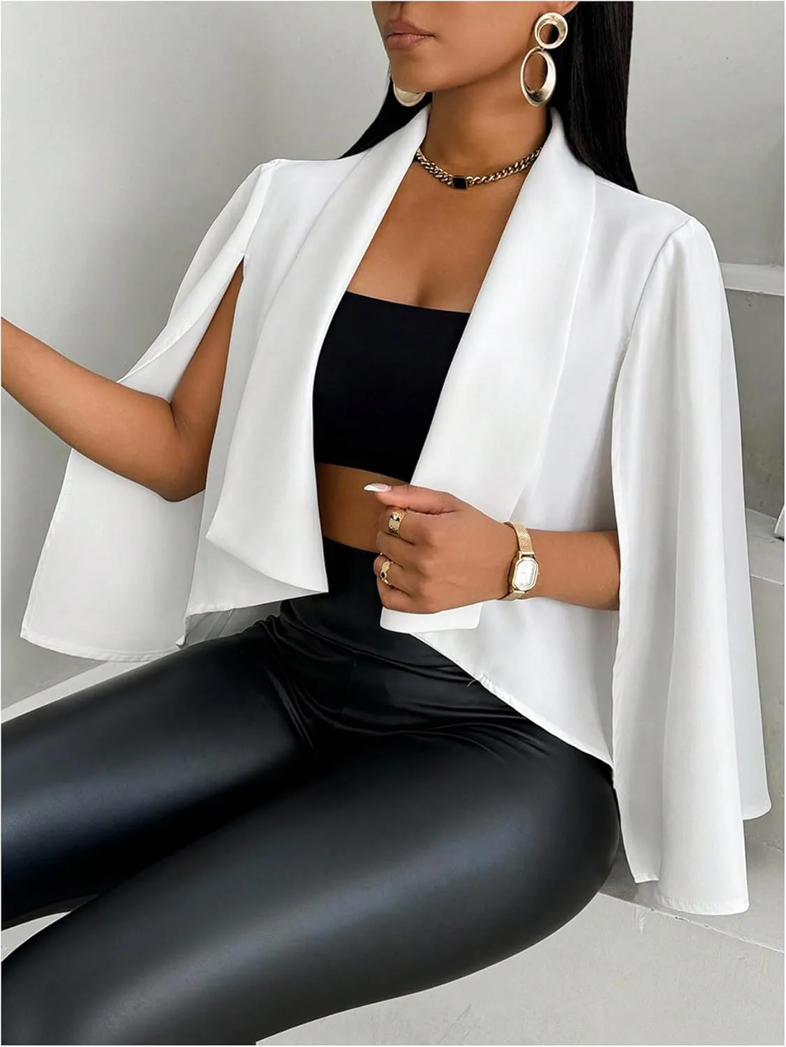 OYOANGLE Women's Cape Long Sleeve Cropped Blazer Jacket Open Front Solid Elegant Trendy Cardigan Coats