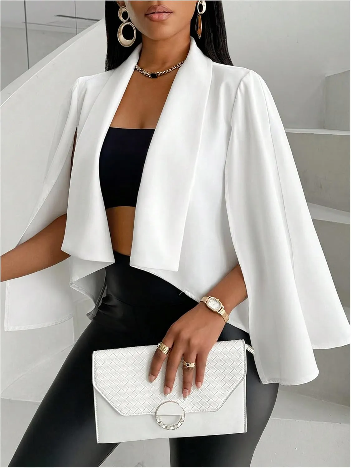 OYOANGLE Women's Cape Long Sleeve Cropped Blazer Jacket Open Front Solid Elegant Trendy Cardigan Coats
