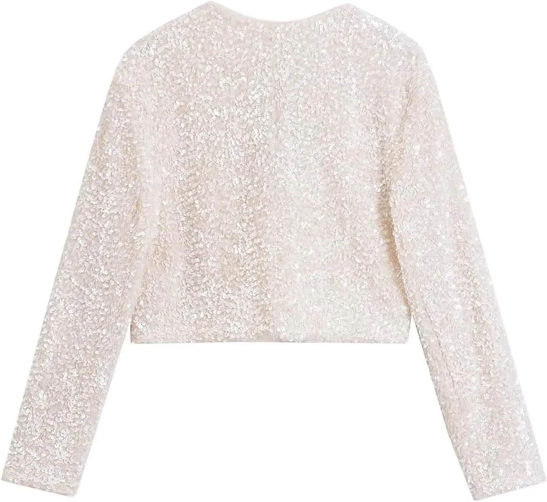 Perbai Womens Casual Sequin Jacket Bow Coat Sparkling Crop Top Party Night Y2K Concert