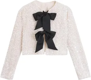 Perbai Womens Casual Sequin Jacket Bow Coat Sparkling Crop Top Party Night Y2K Concert