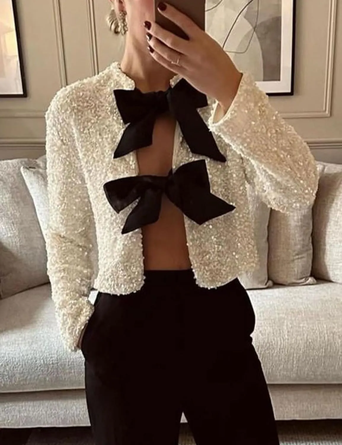 Perbai Womens Casual Sequin Jacket Bow Coat Sparkling Crop Top Party Night Y2K Concert