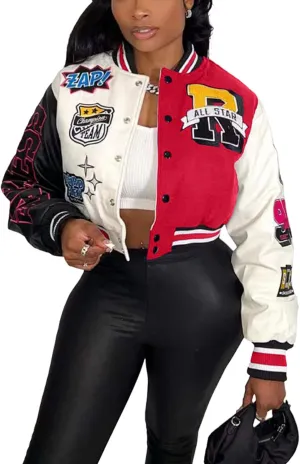 Perbai Women's Cropped Varsity Jacket Colorblock Letter Print Button Down Letterman Bomber Coat with Pockets Y2K Streetwear
