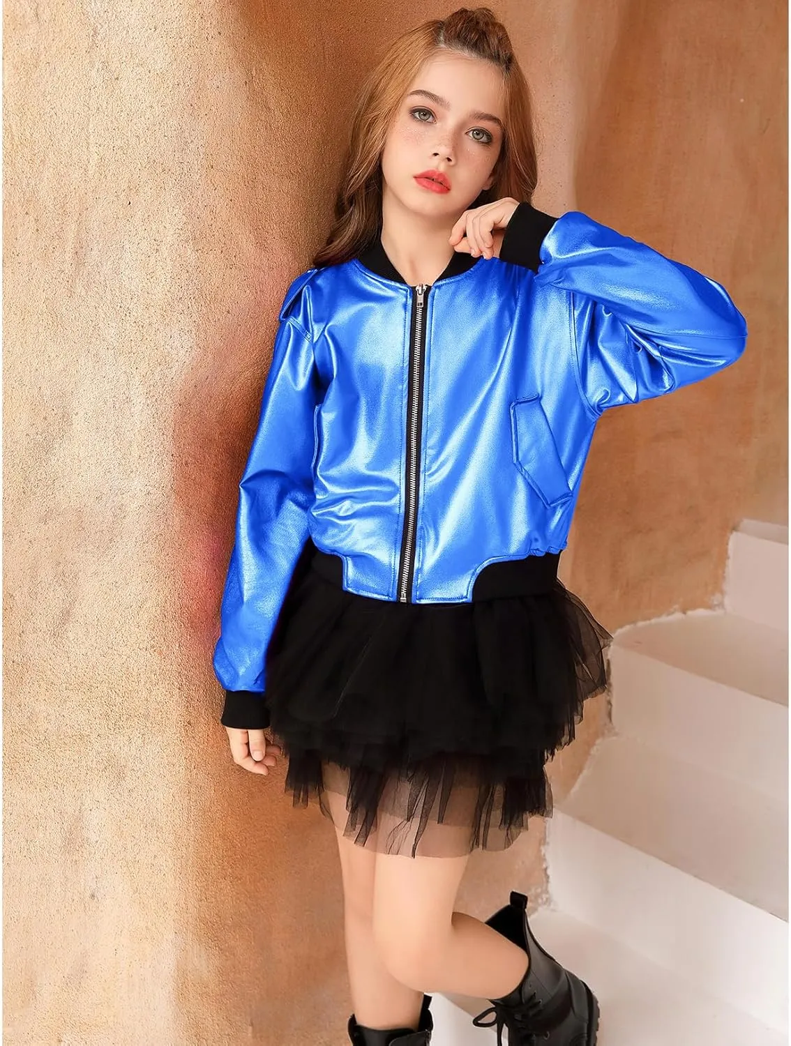 Perfashion Metallic Bomber Jacket for Girls Zip Up Cropped Jacket Sparkly Lightweight Coat Windbreaker with Pockets