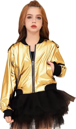 Perfashion Metallic Bomber Jacket for Girls Zip Up Cropped Jacket Sparkly Lightweight Coat Windbreaker with Pockets