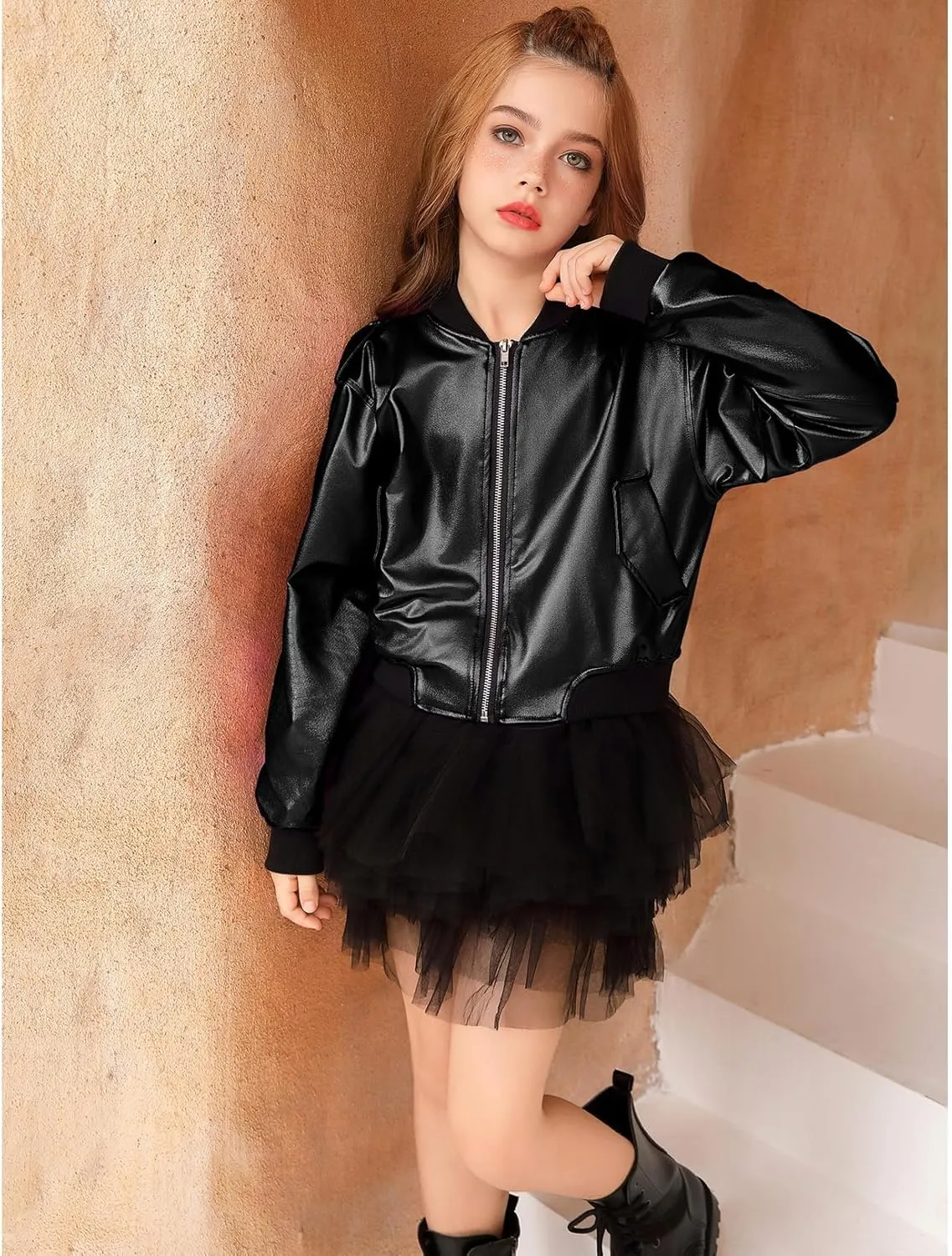Perfashion Metallic Bomber Jacket for Girls Zip Up Cropped Jacket Sparkly Lightweight Coat Windbreaker with Pockets