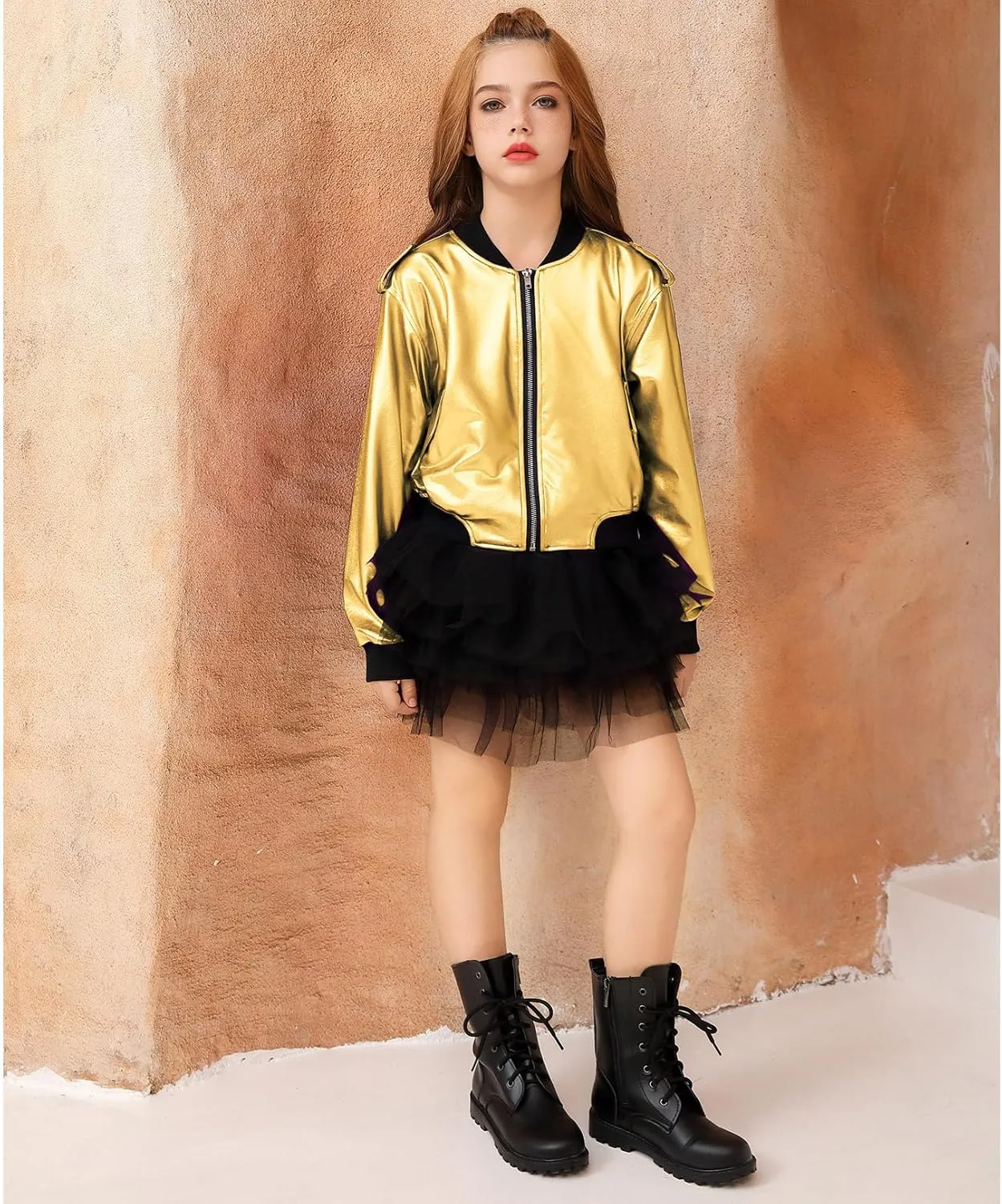Perfashion Metallic Bomber Jacket for Girls Zip Up Cropped Jacket Sparkly Lightweight Coat Windbreaker with Pockets