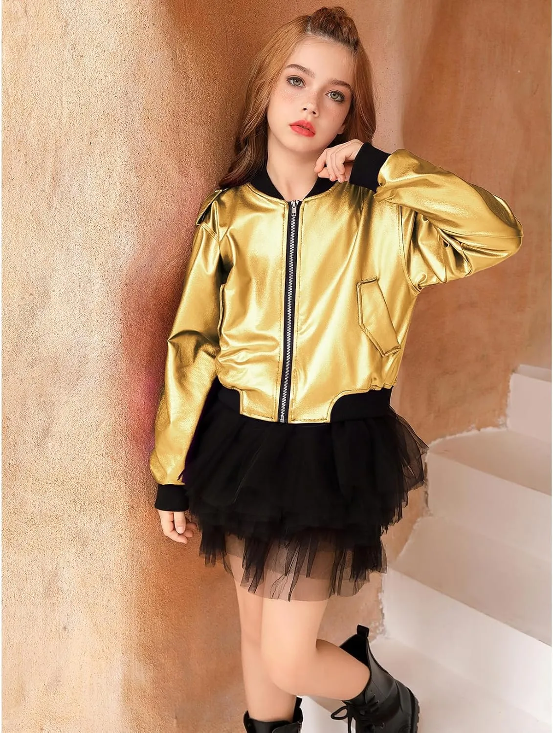 Perfashion Metallic Bomber Jacket for Girls Zip Up Cropped Jacket Sparkly Lightweight Coat Windbreaker with Pockets