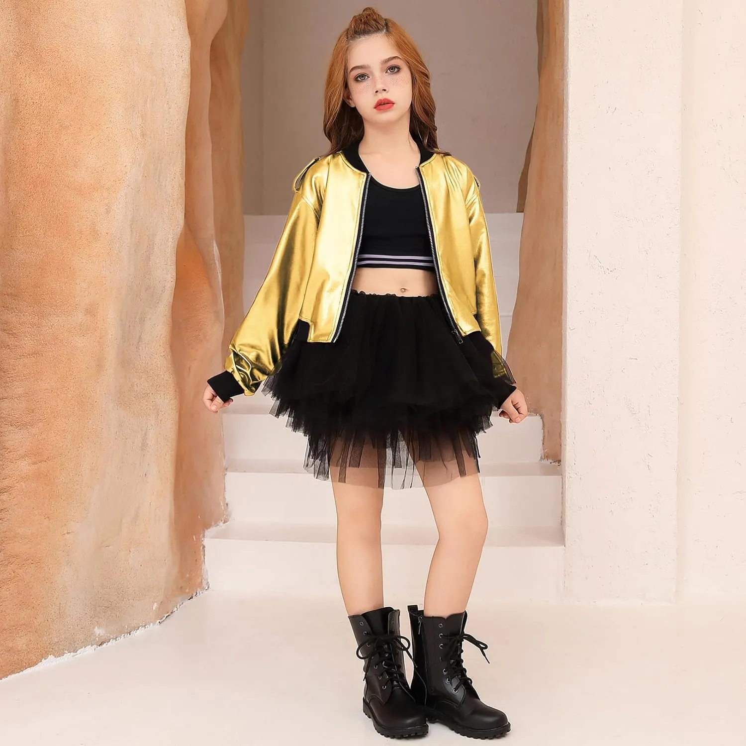 Perfashion Metallic Bomber Jacket for Girls Zip Up Cropped Jacket Sparkly Lightweight Coat Windbreaker with Pockets