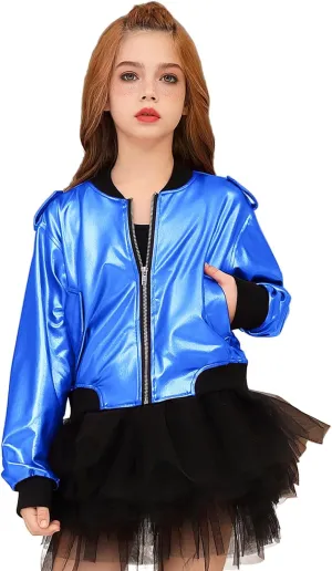 Perfashion Metallic Bomber Jacket for Girls Zip Up Cropped Jacket Sparkly Lightweight Coat Windbreaker with Pockets