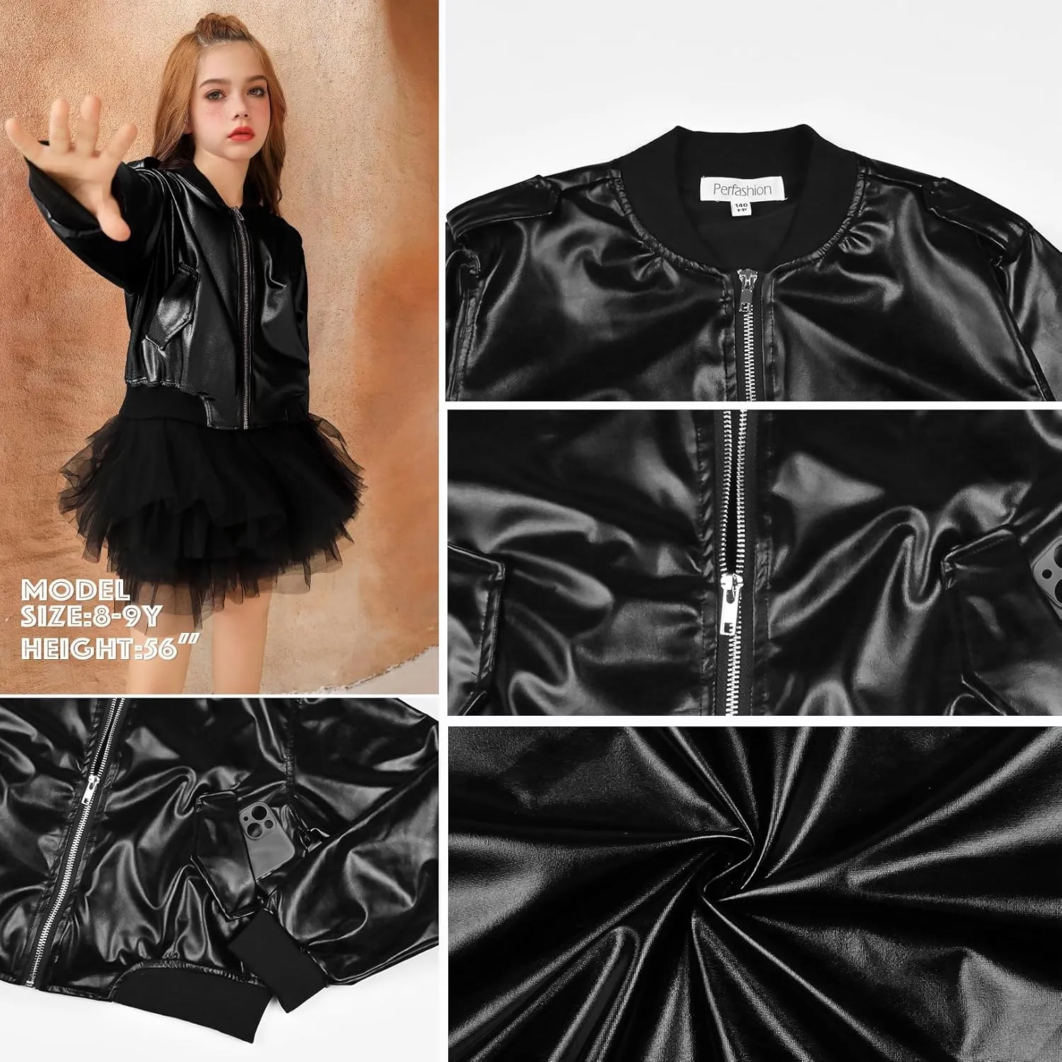 Perfashion Metallic Bomber Jacket for Girls Zip Up Cropped Jacket Sparkly Lightweight Coat Windbreaker with Pockets