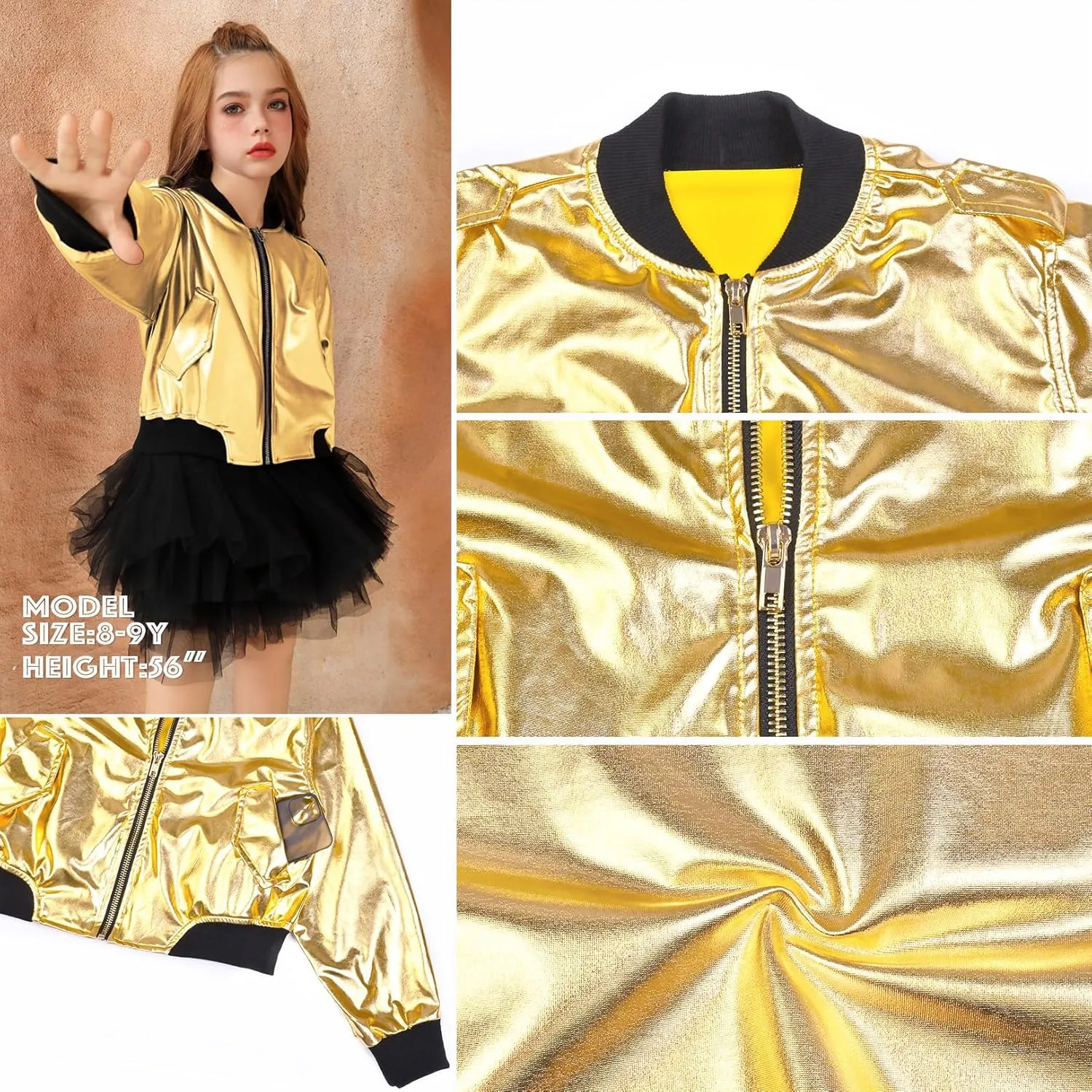 Perfashion Metallic Bomber Jacket for Girls Zip Up Cropped Jacket Sparkly Lightweight Coat Windbreaker with Pockets