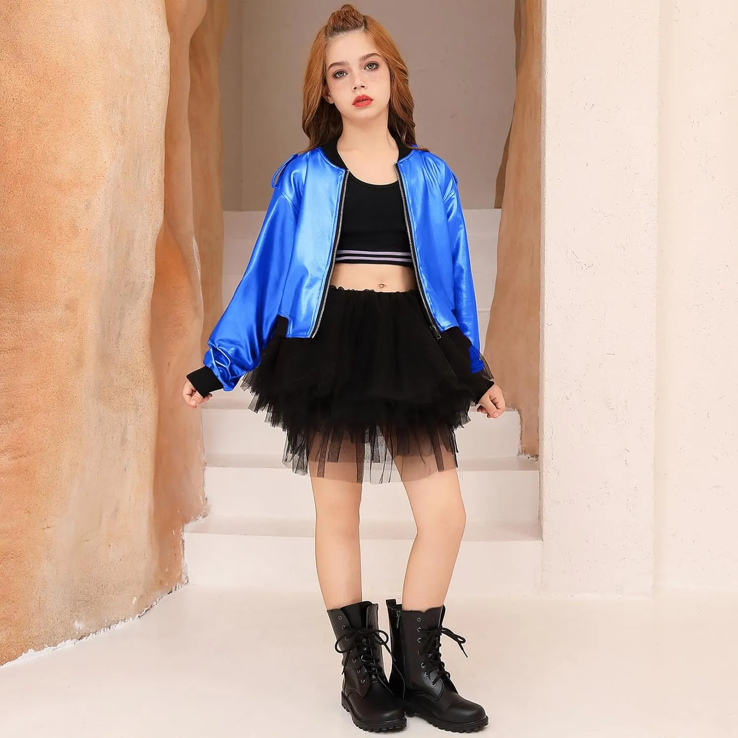 Perfashion Metallic Bomber Jacket for Girls Zip Up Cropped Jacket Sparkly Lightweight Coat Windbreaker with Pockets