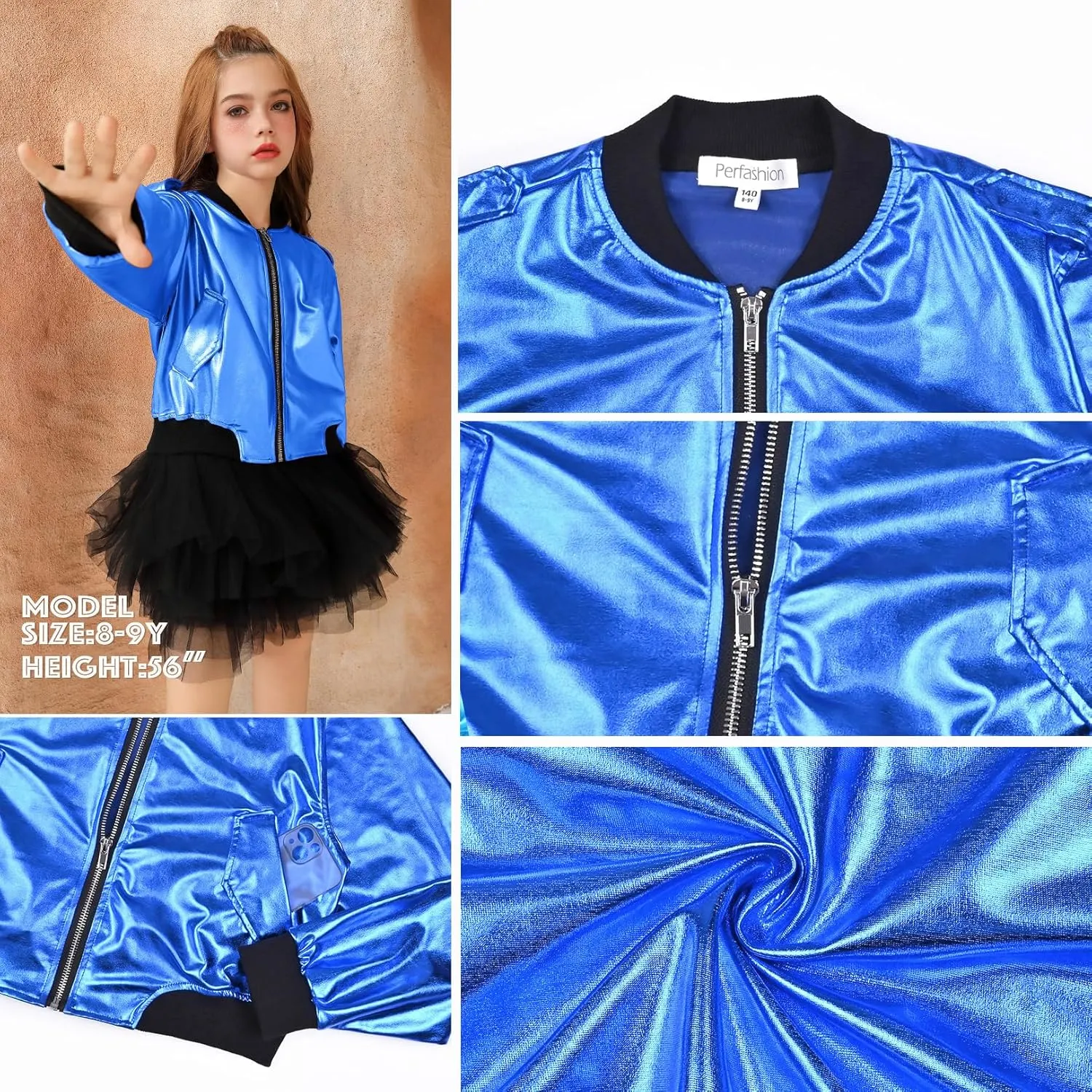 Perfashion Metallic Bomber Jacket for Girls Zip Up Cropped Jacket Sparkly Lightweight Coat Windbreaker with Pockets
