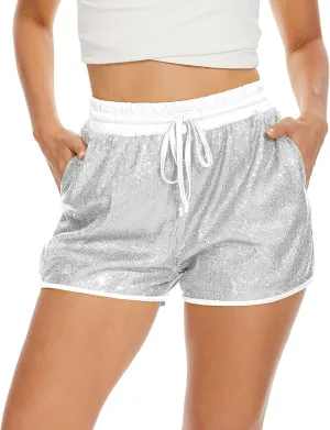 PESION Sequins Rave Shorts for Women High Waist Casual Loose A Line Hot Pants Sparkly Clubwear Night-Out