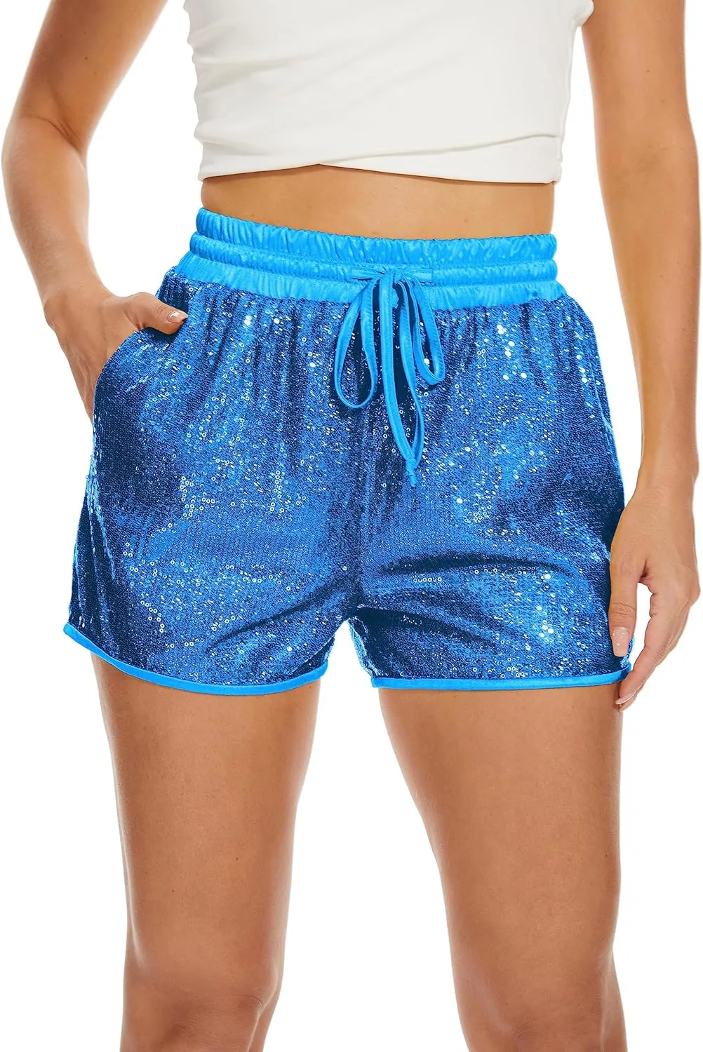 PESION Sequins Rave Shorts for Women High Waist Casual Loose A Line Hot Pants Sparkly Clubwear Night-Out