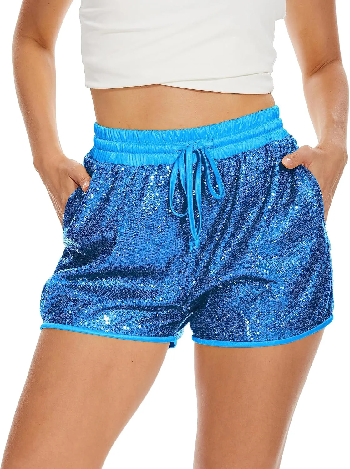 PESION Sequins Rave Shorts for Women High Waist Casual Loose A Line Hot Pants Sparkly Clubwear Night-Out