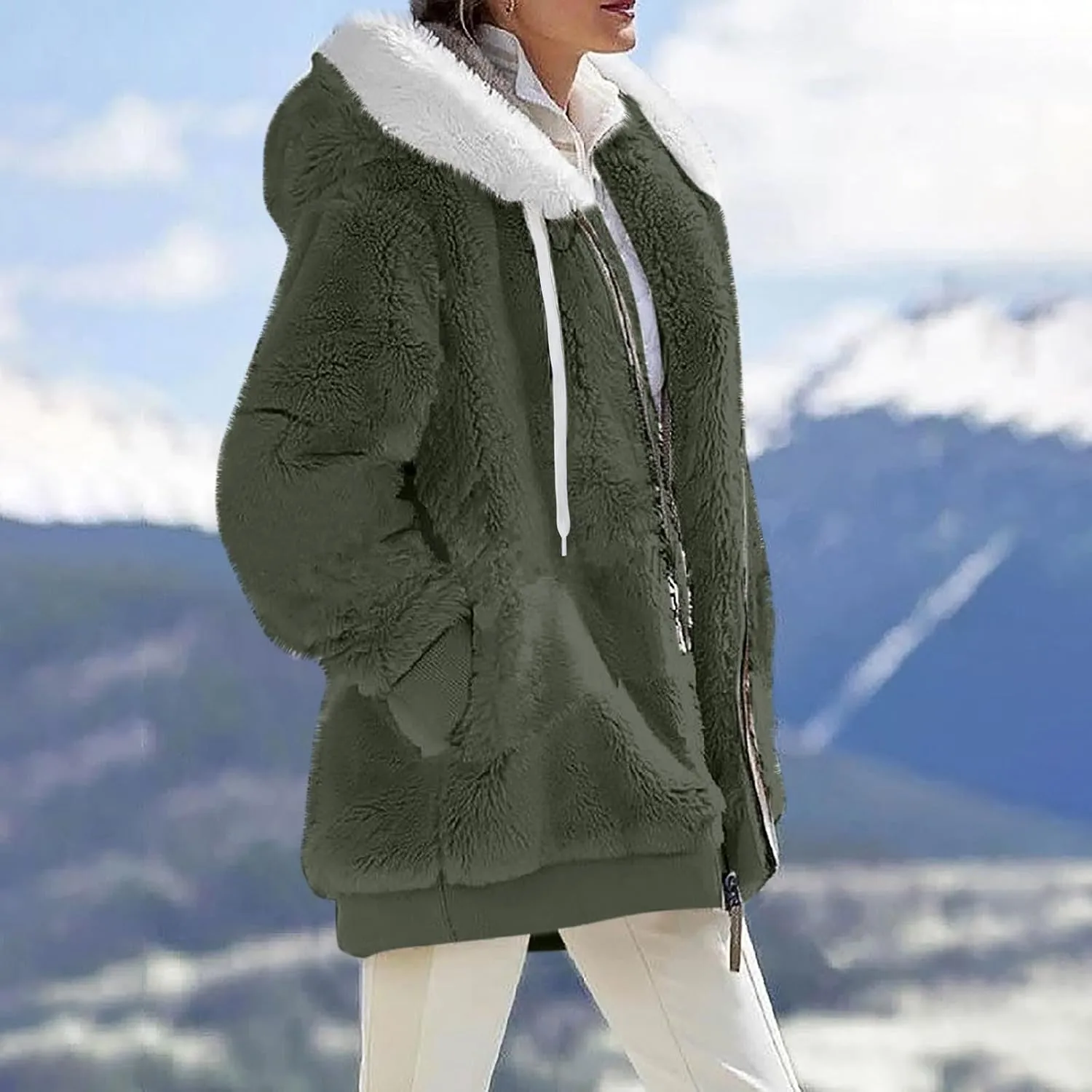Plus Size Winter Coats for Women Drawstring Fuzzy Fleece Zip Up Hoodie Jacket Color Block Long Faux Fur Coat with Pocket
