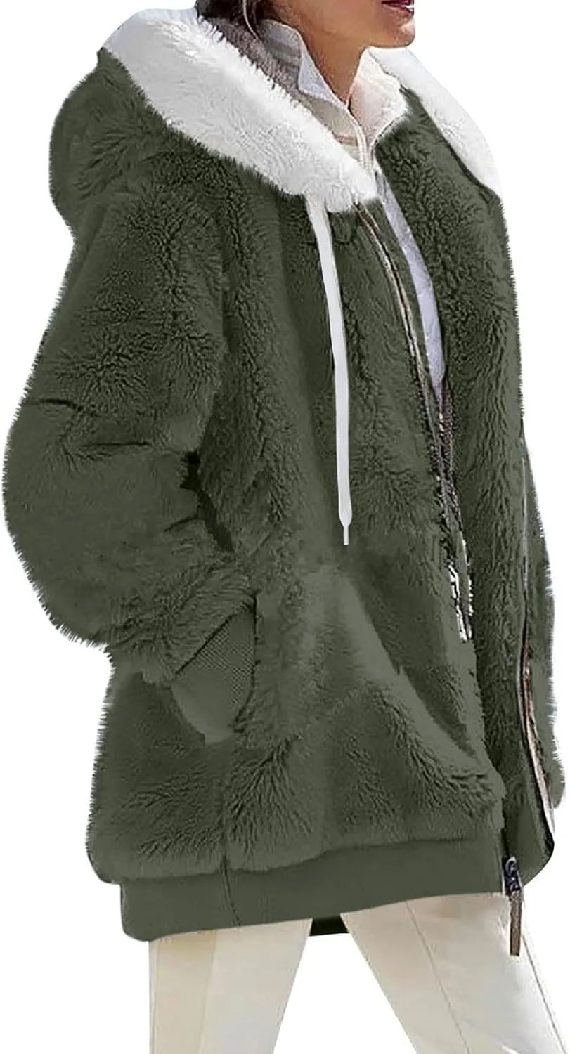 Plus Size Winter Coats for Women Drawstring Fuzzy Fleece Zip Up Hoodie Jacket Color Block Long Faux Fur Coat with Pocket