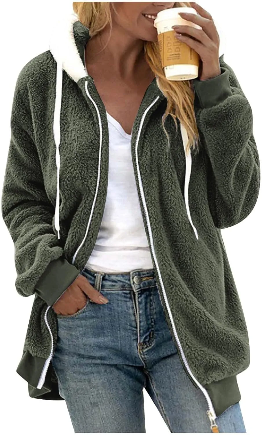 Plus Size Winter Coats for Women Drawstring Fuzzy Fleece Zip Up Hoodie Jacket Color Block Long Faux Fur Coat with Pocket