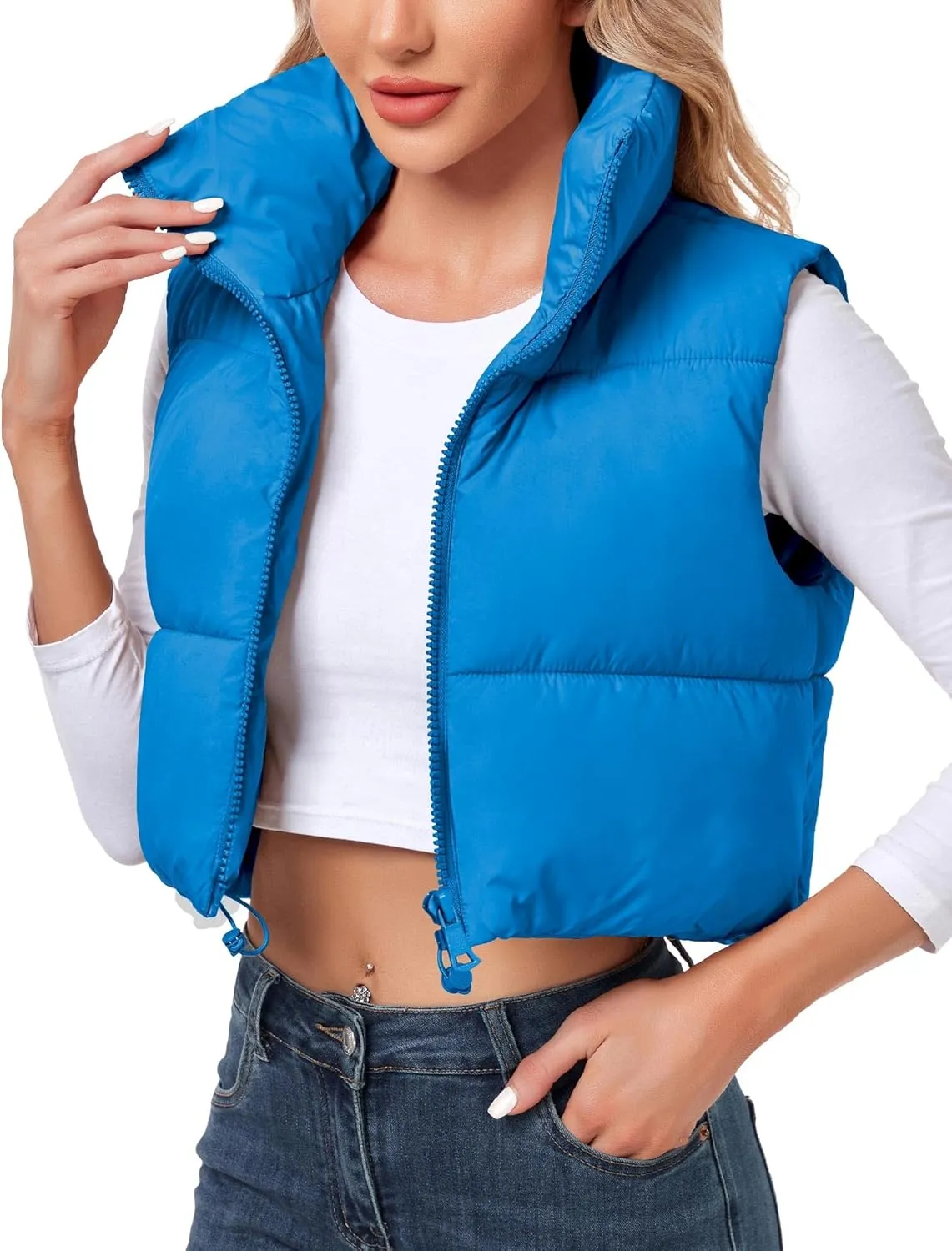 Polu Women's Cropped Puffer Vest Jacket Sleeveless Winter High Stand Collar Lightweight Vest for Women with Zip Gilet