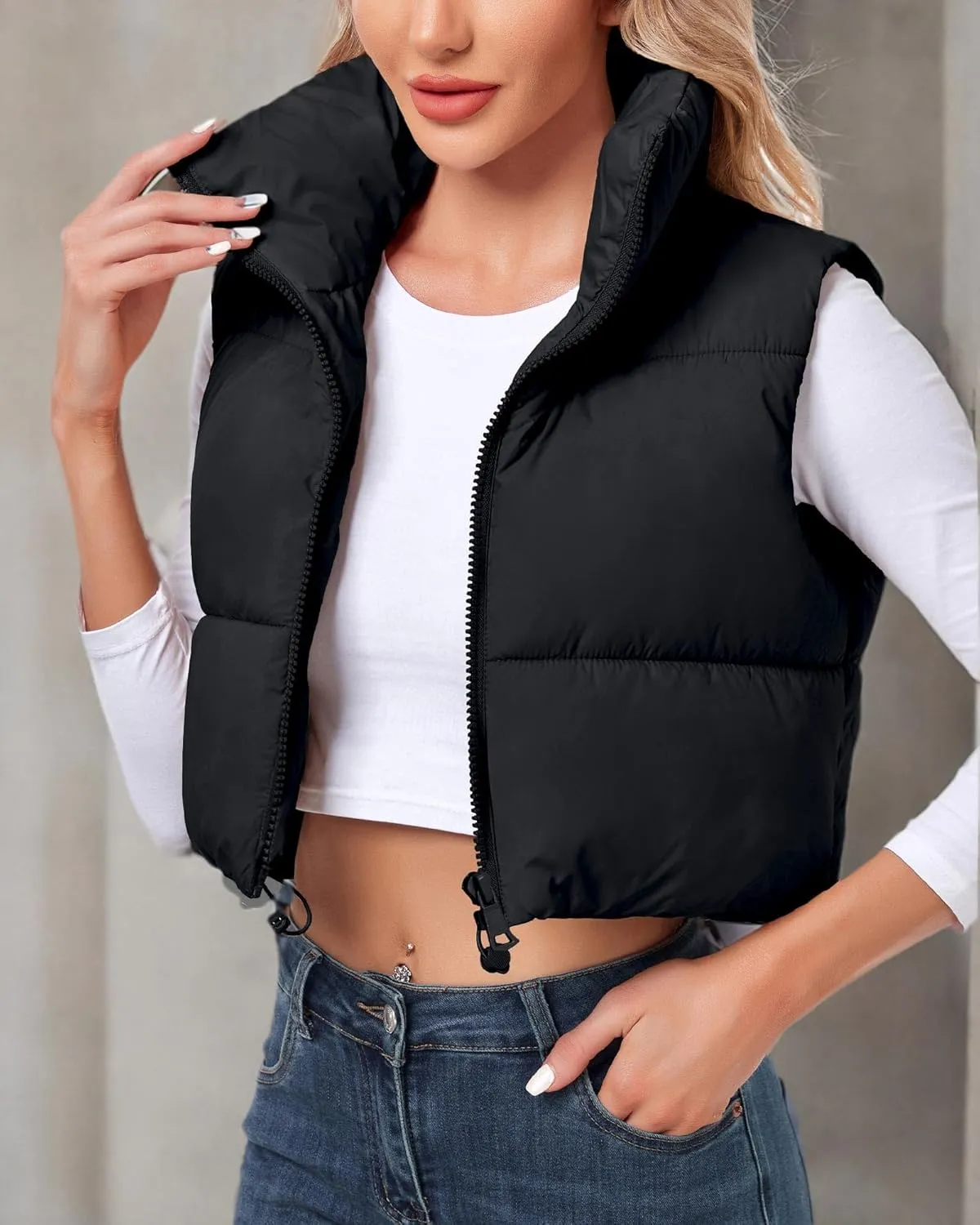 Polu Women's Cropped Puffer Vest Jacket Sleeveless Winter High Stand Collar Lightweight Vest for Women with Zip Gilet