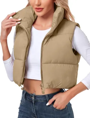 Polu Women's Cropped Puffer Vest Jacket Sleeveless Winter High Stand Collar Lightweight Vest for Women with Zip Gilet