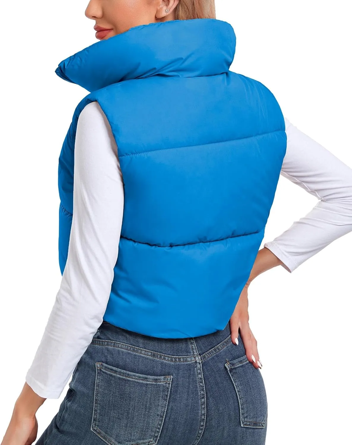 Polu Women's Cropped Puffer Vest Jacket Sleeveless Winter High Stand Collar Lightweight Vest for Women with Zip Gilet