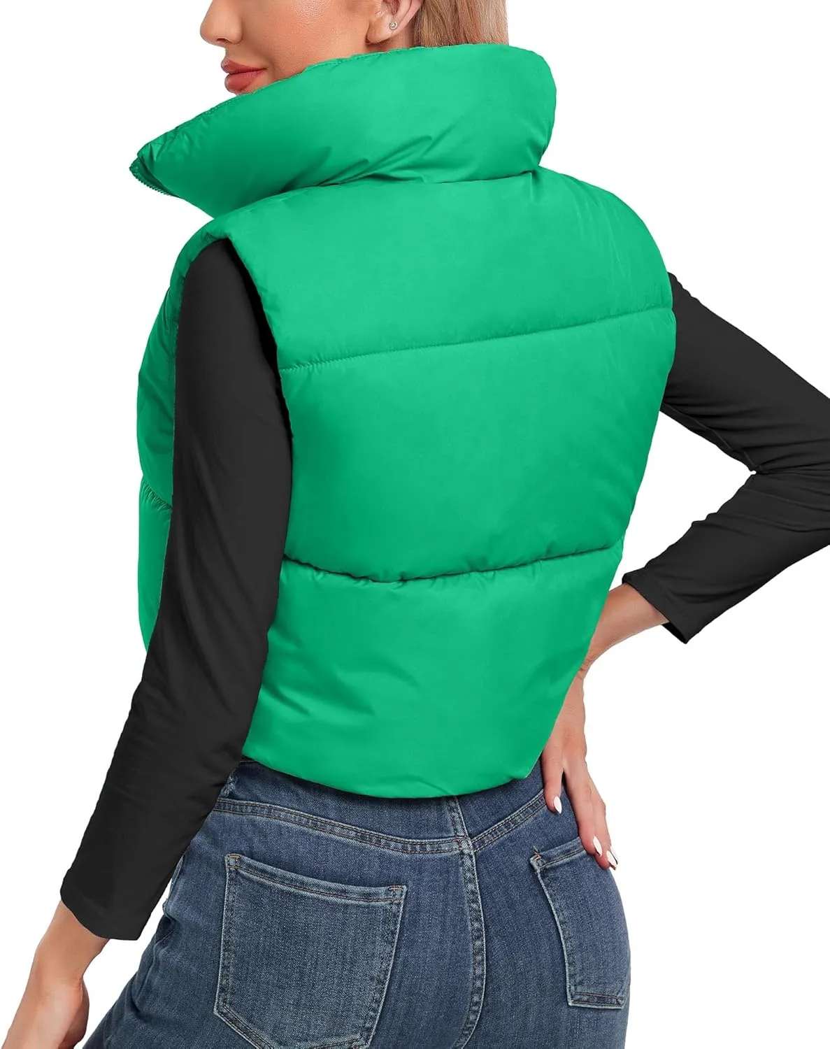Polu Women's Cropped Puffer Vest Jacket Sleeveless Winter High Stand Collar Lightweight Vest for Women with Zip Gilet