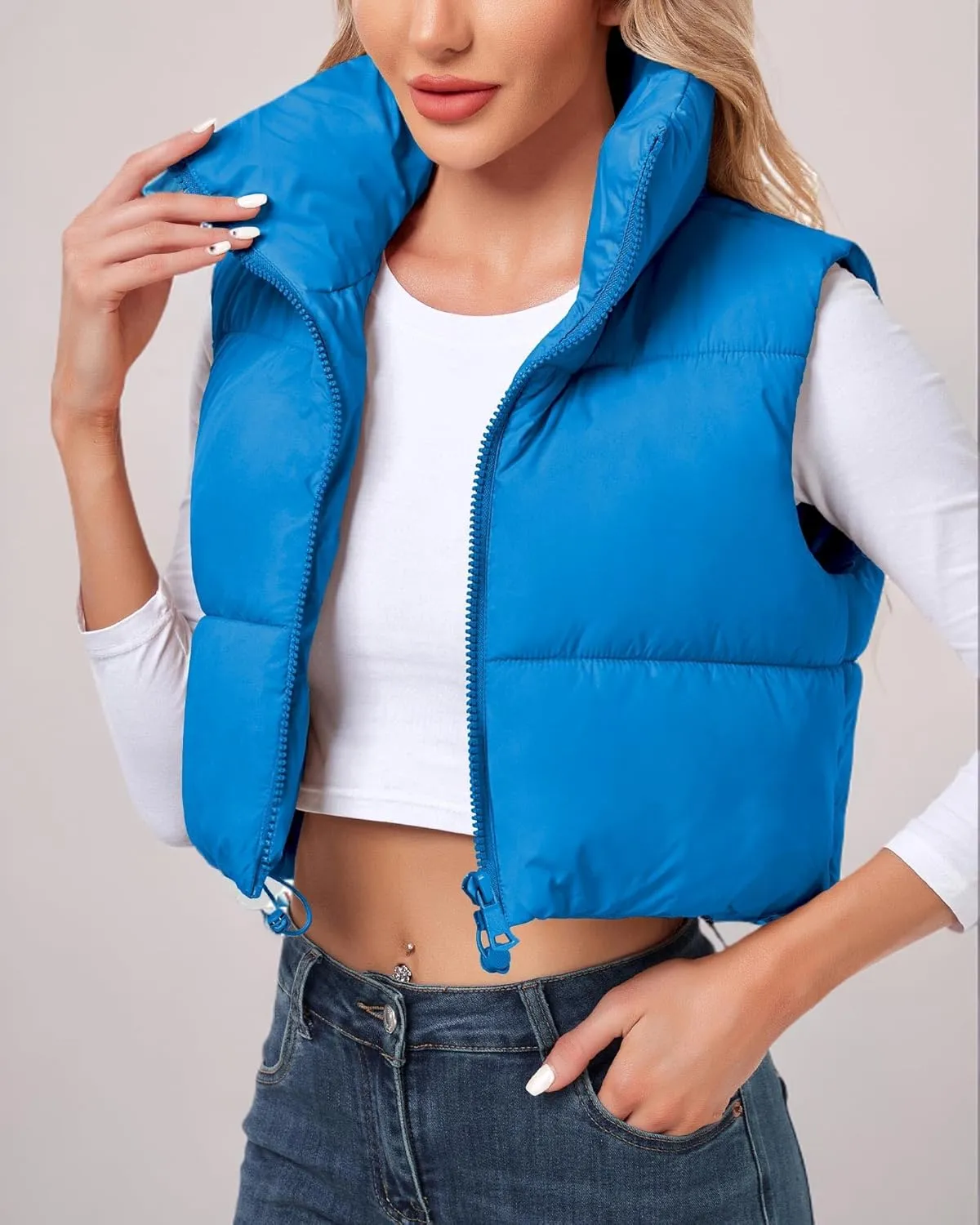 Polu Women's Cropped Puffer Vest Jacket Sleeveless Winter High Stand Collar Lightweight Vest for Women with Zip Gilet