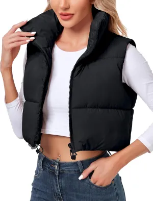 Polu Women's Cropped Puffer Vest Jacket Sleeveless Winter High Stand Collar Lightweight Vest for Women with Zip Gilet