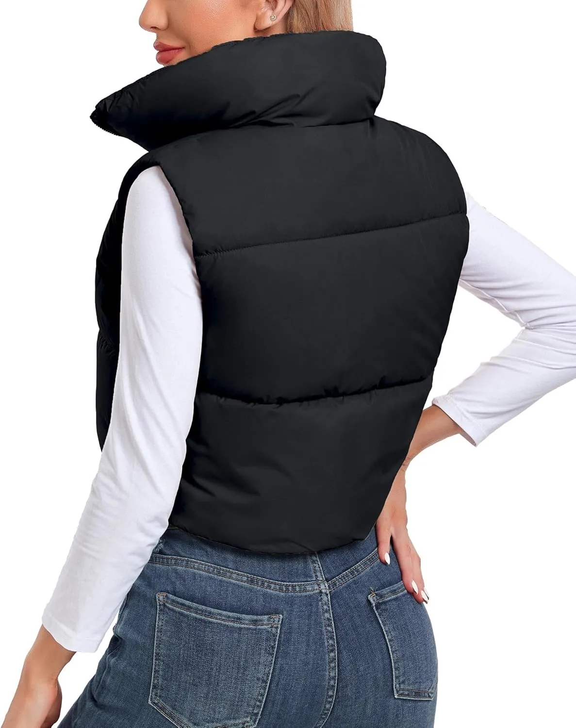 Polu Women's Cropped Puffer Vest Jacket Sleeveless Winter High Stand Collar Lightweight Vest for Women with Zip Gilet